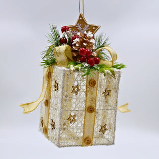 White Gift Box Ornament with Holly Berry Top - ironyhome