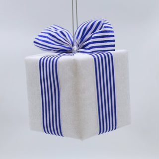 White Gift - Box Ornament With Striped Blue Ribbon - ironyhome