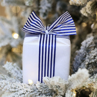 White Gift - Box Ornament With Striped Blue Ribbon - ironyhome