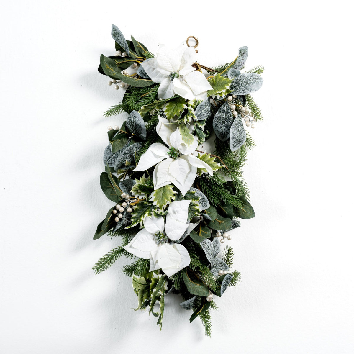 White Poinsettia & Frosted Foliage Festive Door Swag