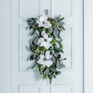 White Poinsettia & Frosted Foliage Festive Door Swag