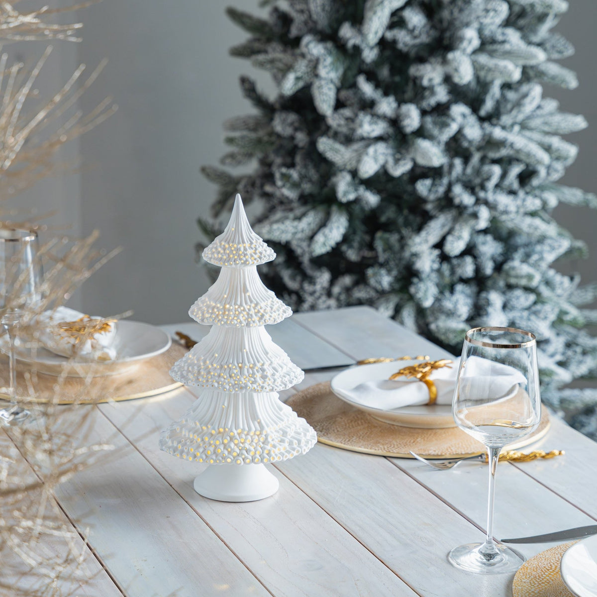 White Porcelain Christmas Tree Table Top with LED Lights