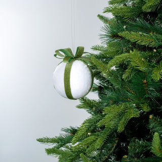 White Velvet & Sage Green Bow Ball Ornament - ironyhome
