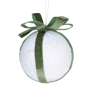White Velvet & Sage Green Bow Ball Ornament - ironyhome
