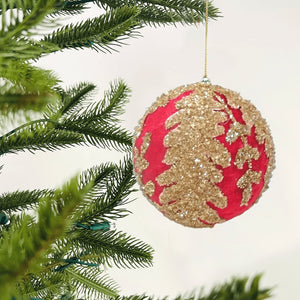 10cm Red Velvet Ball Ornament with Gold Leaf Detailing