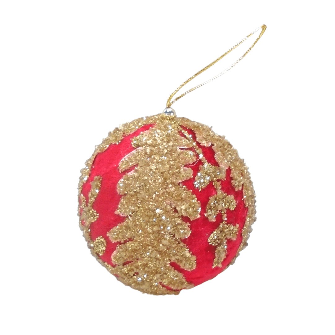 10cm Red Velvet Ball Ornament with Gold Leaf Detailing