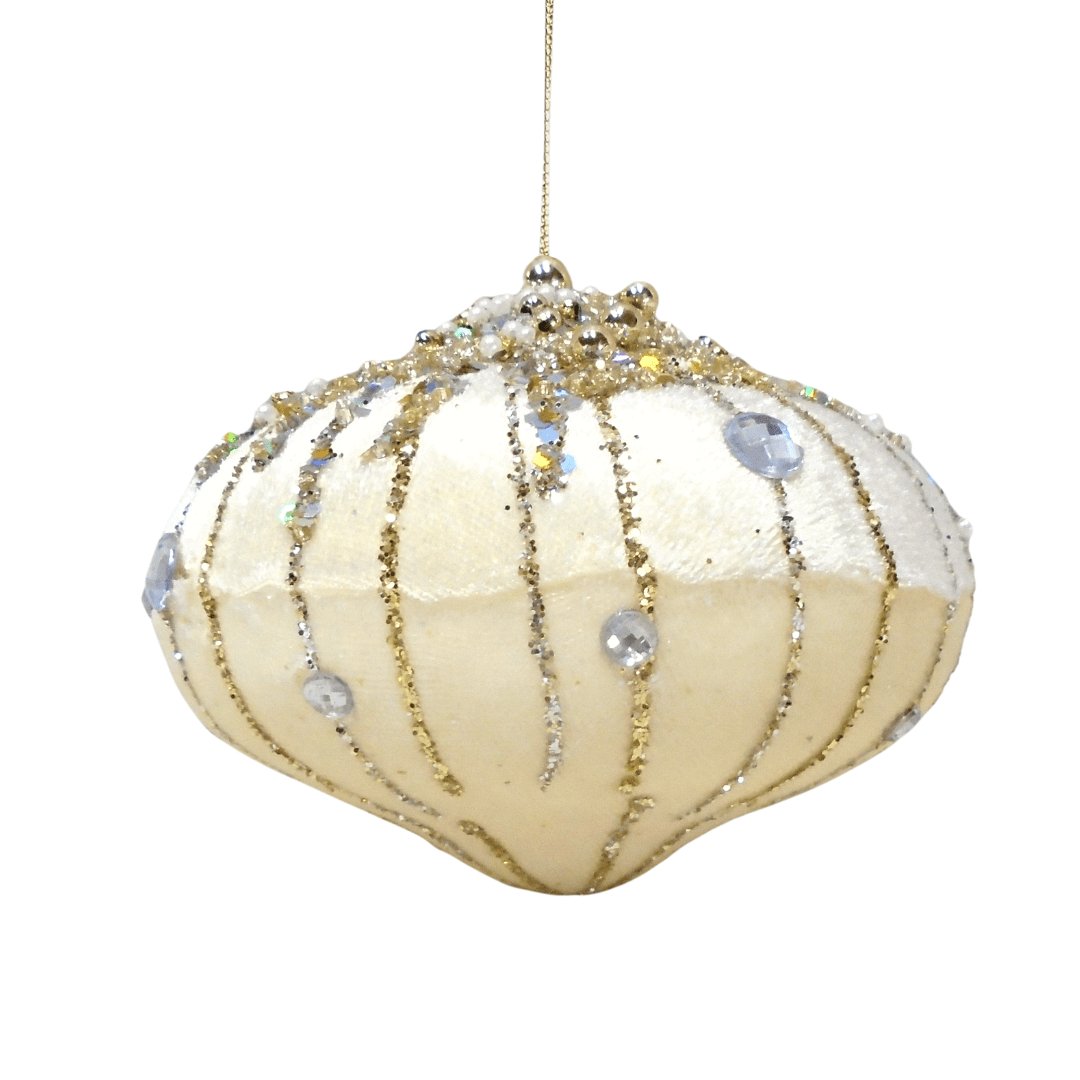 12cm Pearl, Gold & Platinum Bejeweled Onion Ornament with Glitter