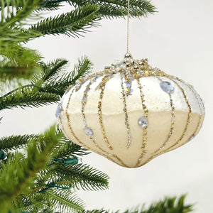 12cm Pearl, Gold & Platinum Bejeweled Onion Ornament with Glitter