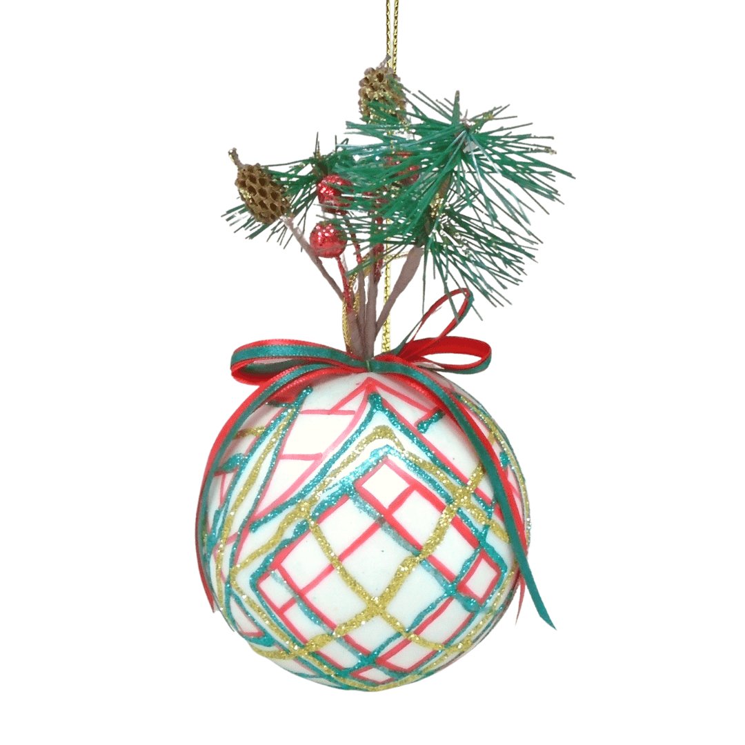 12cm Plaid Cream Ball Ornament with Foliage