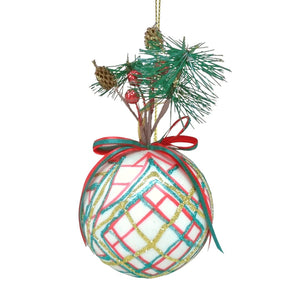 12cm Plaid Cream Ball Ornament with Foliage