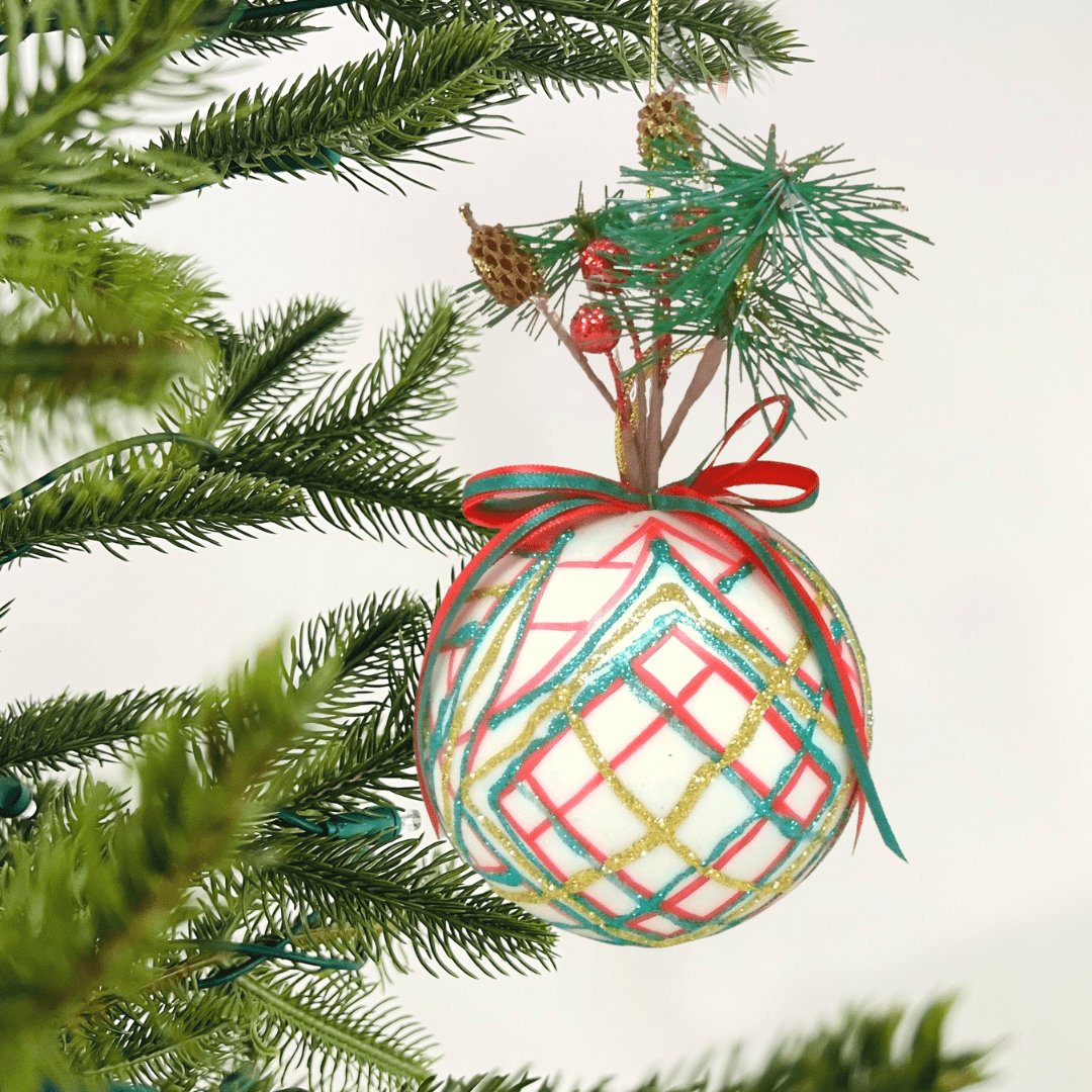 12cm Plaid Cream Ball Ornament with Foliage