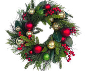 24" Pine Needle Wreath with Red Berries and Ball Decorations - ironyhome