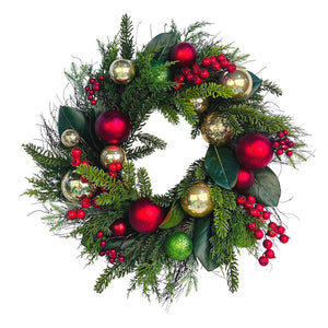 24" Pine Needle Wreath with Red Berries and Ball Decorations - ironyhome