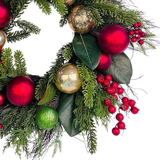 24" Pine Needle Wreath with Red Berries and Ball Decorations - ironyhome