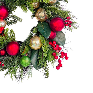 24" Pine Needle Wreath with Red Berries and Ball Decorations - ironyhome