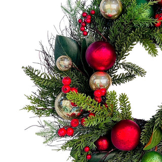 24" Pine Needle Wreath with Red Berries and Ball Decorations - ironyhome