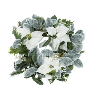 24" White Poinsettia and Frosted Berry Wreath - ironyhome