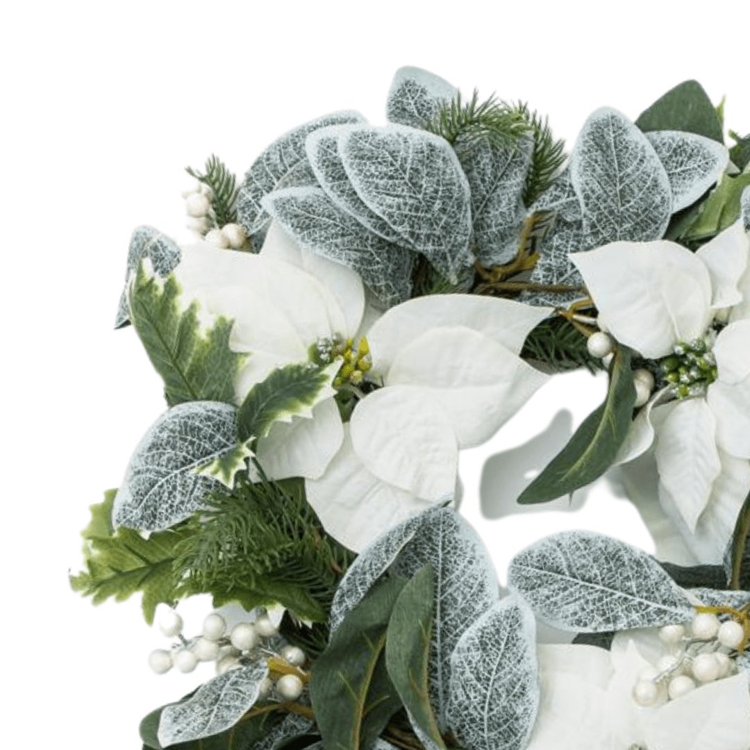 24" White Poinsettia and Frosted Berry Wreath