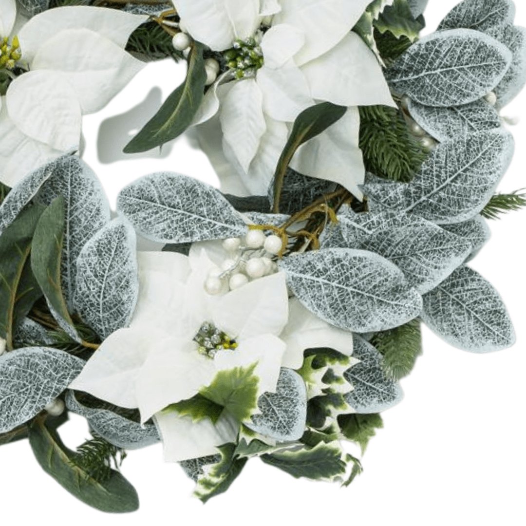 24" White Poinsettia and Frosted Berry Wreath