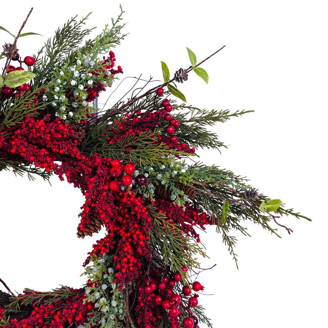 26" Wreath with Red Berries and Pine Needles