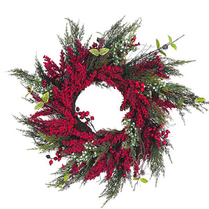 26" Wreath with Red Berries and Pine Needles