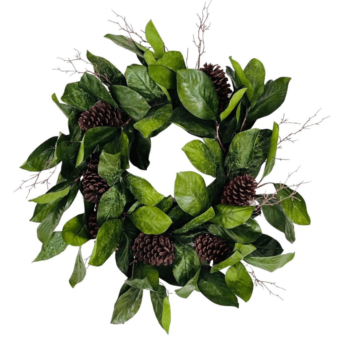 29" Magnolia Leaf, Pine Cone and Twig Wreath