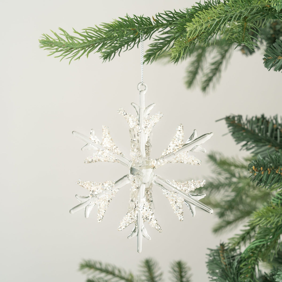 3D Snowflake Ornament with Silver/White Glitter