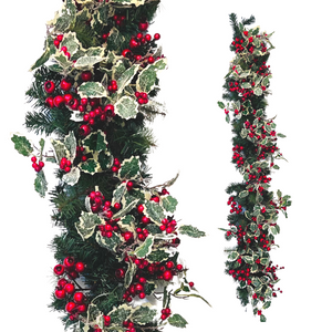 Red Berry and Holly Leaves Banister Garland