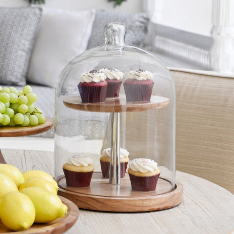 ACACIA TWO-TIERED WOODEN CAKE STAND WITH GLASS DOME - ironyhome
