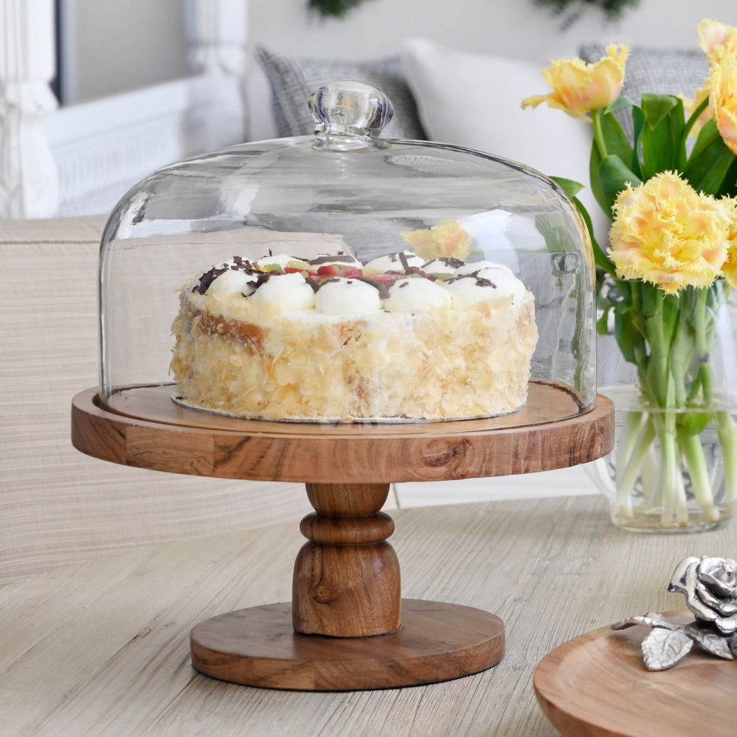 ACACIA WOODEN CAKE STAND WITH GLASS DOME - ironyhome
