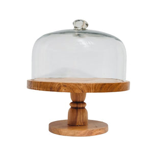 ACACIA WOODEN CAKE STAND WITH GLASS DOME - ironyhome
