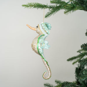 Aqua Glitter Seahorse Ornament with Platinum Glitter - ironyhome