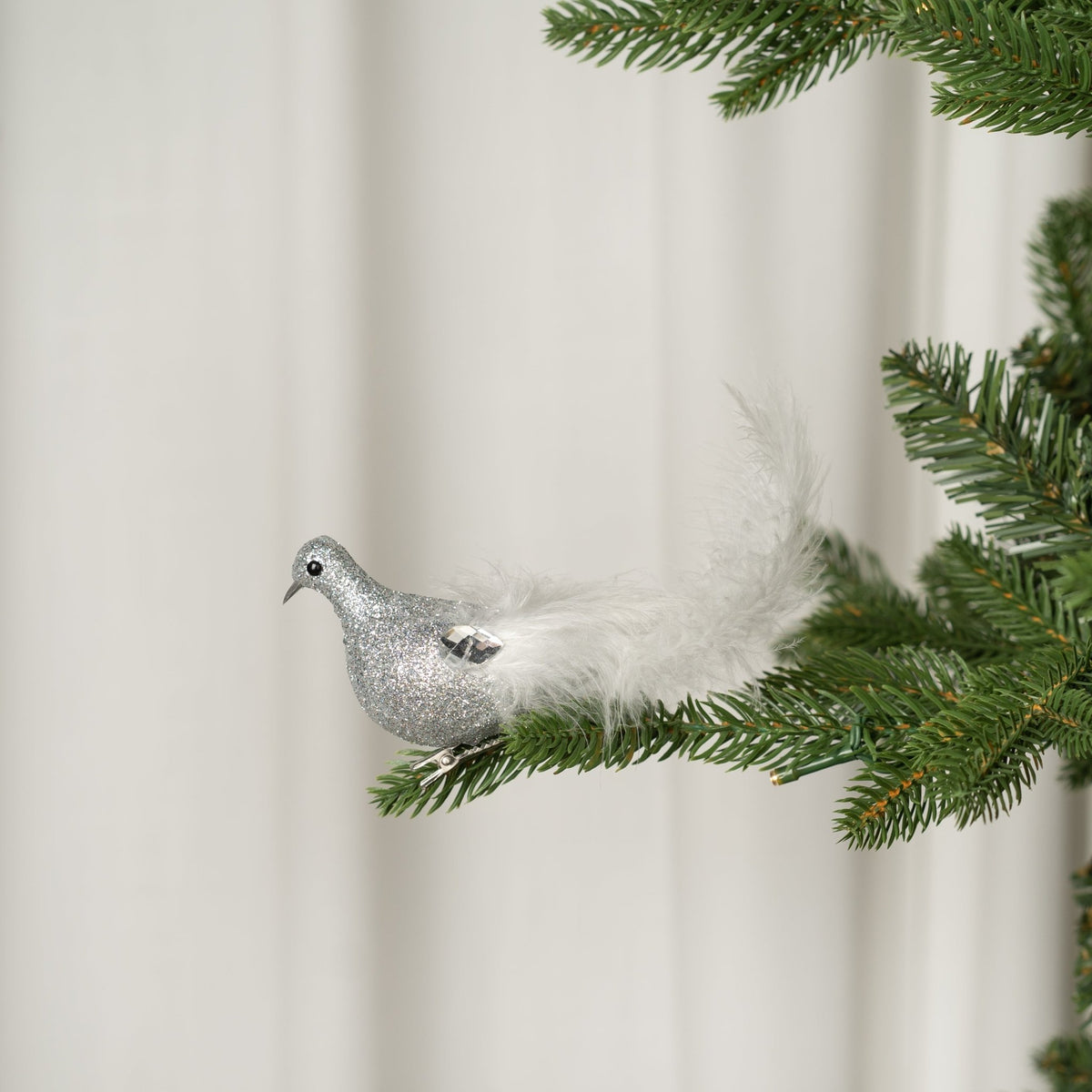 Silver Bird w/ White Feather Tail Ornament