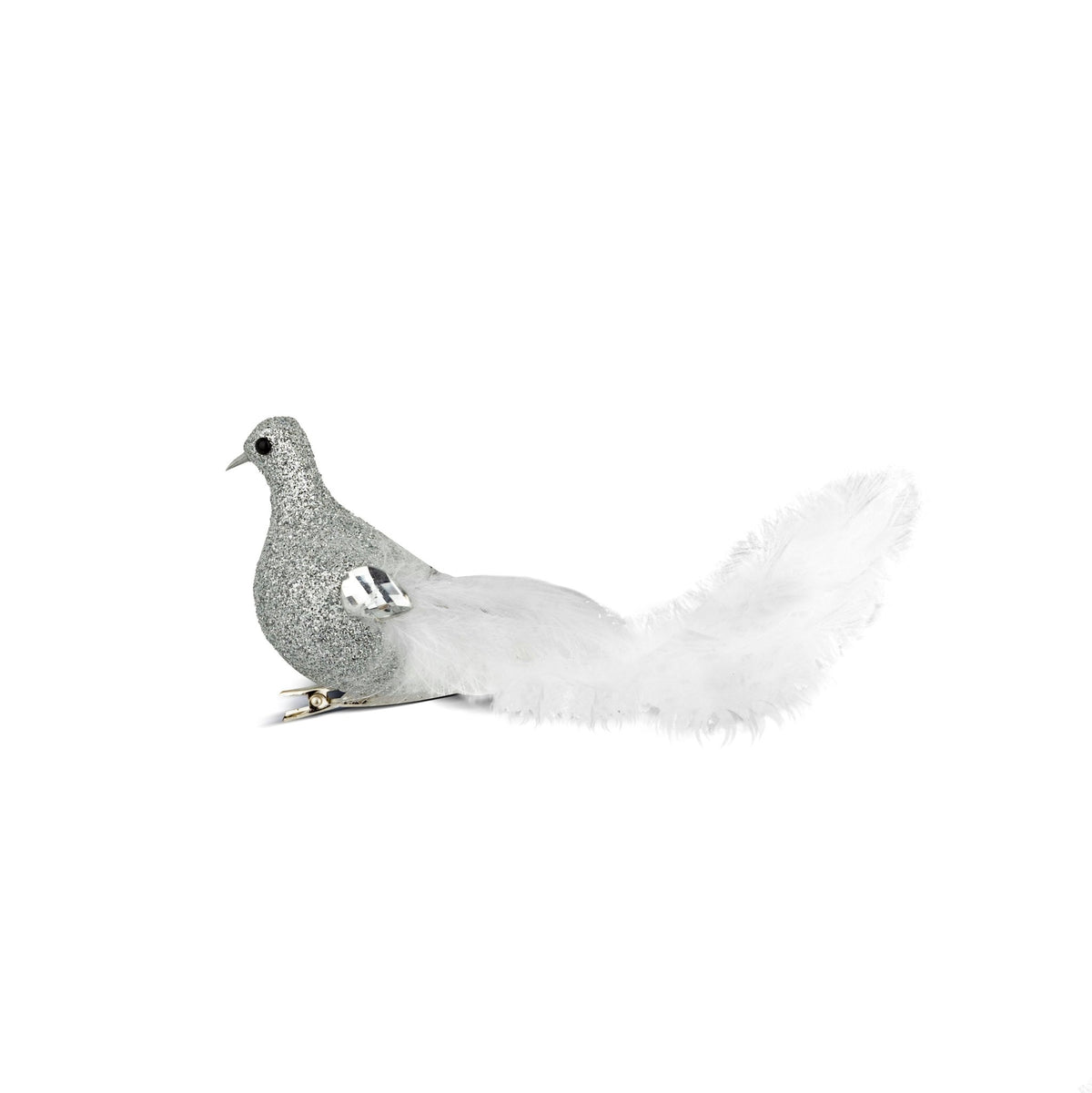 Silver Bird w/ White Feather Tail Ornament