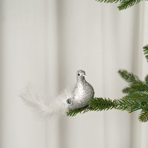 Silver Bird w/ White Feather Tail Ornament