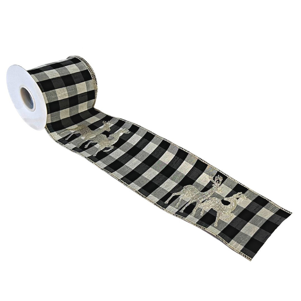 Black & White Checkered Ribbon with Glitter Reindeer - Irony Home