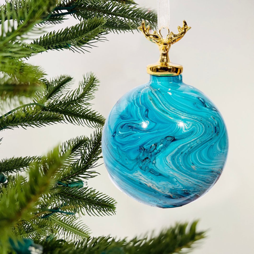Blue Glass Bauble Ornament with Porcelain Cap - Set of 6 - ironyhome