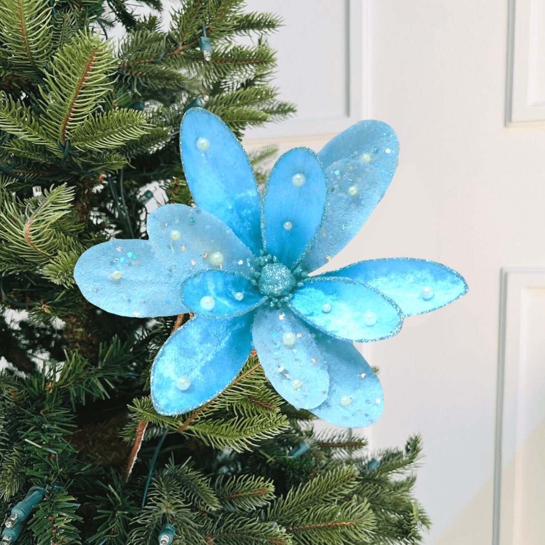 Blue Mermaid Flower Ornament Clip-On with Pearl Detailing