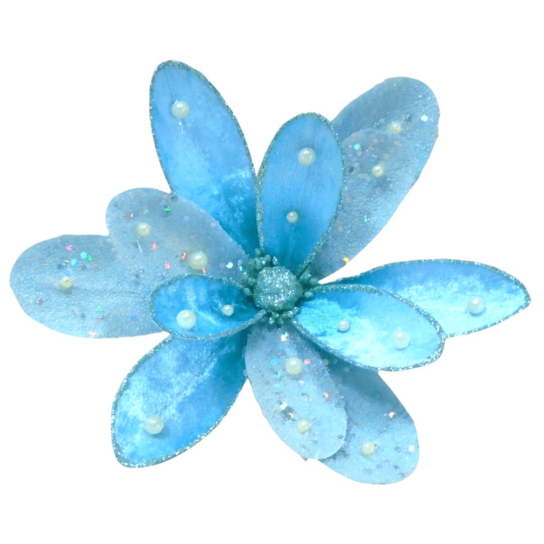 Blue Mermaid Flower Ornament Clip-On with Pearl Detailing