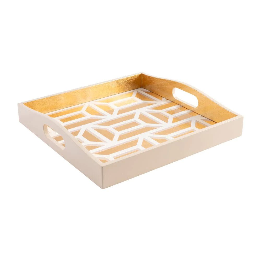 Garden Gate Lacquer Square Tray in White & Gold