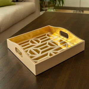 Garden Gate Lacquer Square Tray in White & Gold