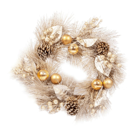 Champagne Pine Needle Wreath with Metallic Baubles & Pinecones - ironyhome