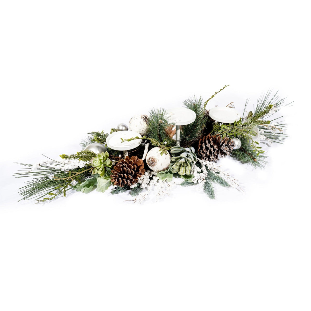 Christmas Centerpiece with 3-Candle Holders, Foliage and Pinecones