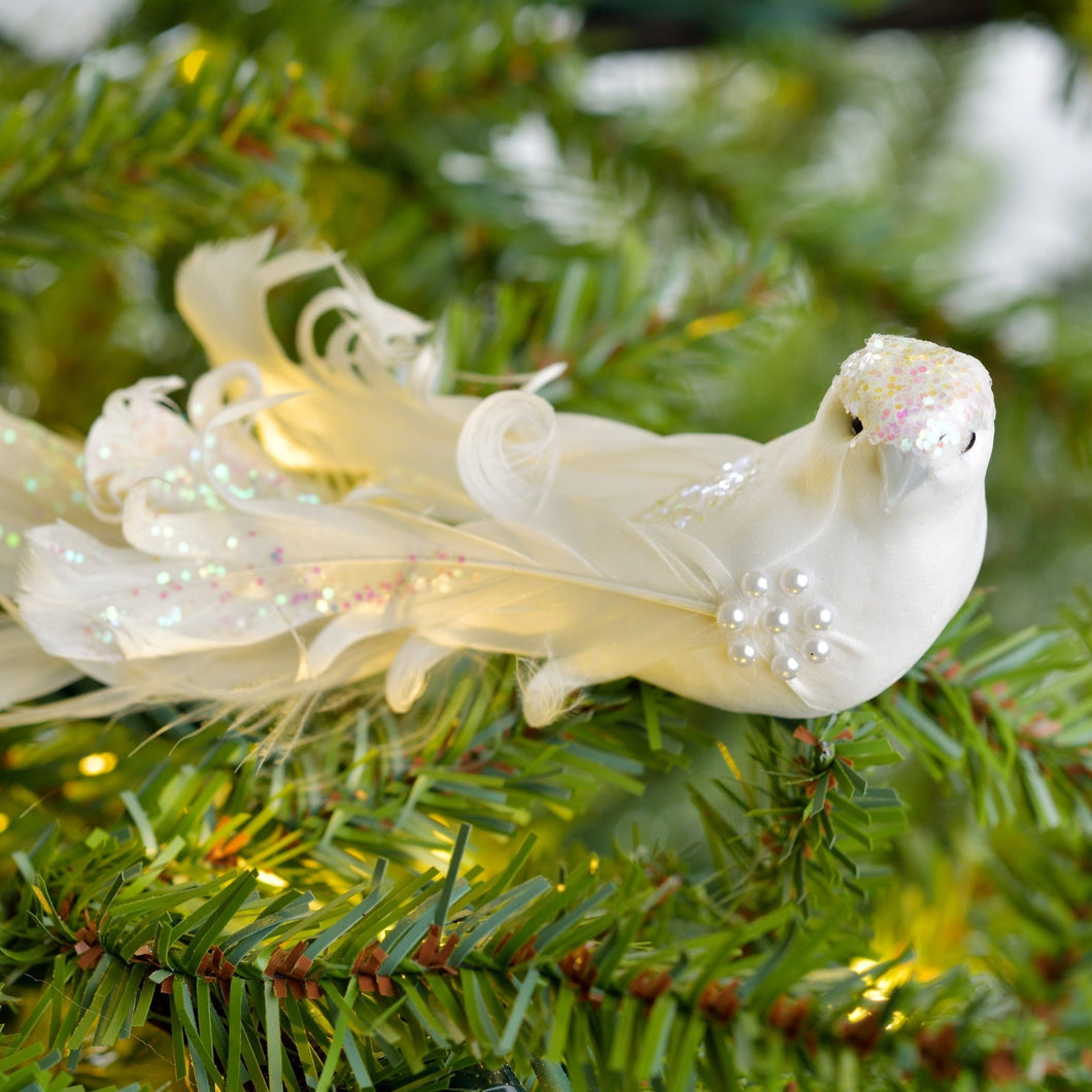 Christmas Song Bird White Feather Tail Ornament Clip On - Set of 2 - ironyhome