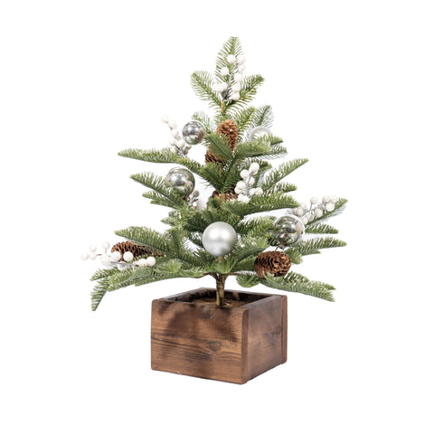 Christmas Tree Table Top with Wooden Base, White/Silver Bauble & Berries - ironyhome