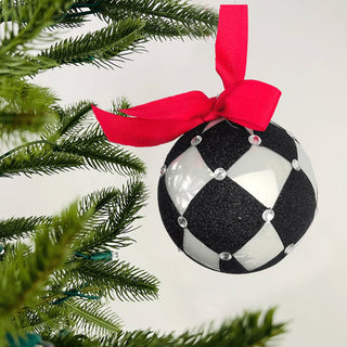 Classic B&W Glass Ball Ornament with Red Ribbon - Set of 6 - ironyhome