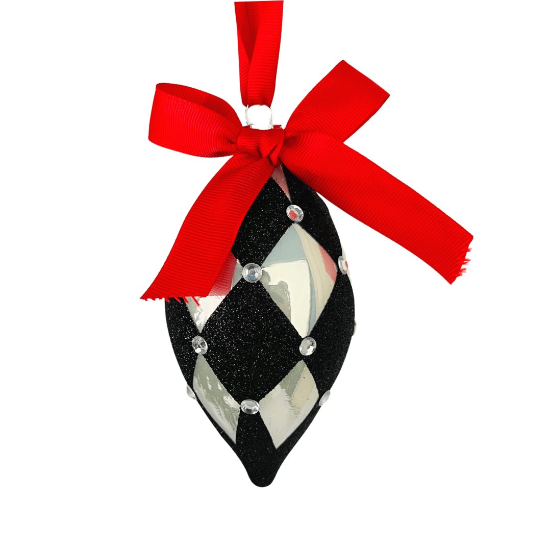 Classic B&W Glass Finial Ornament with Red Ribbon