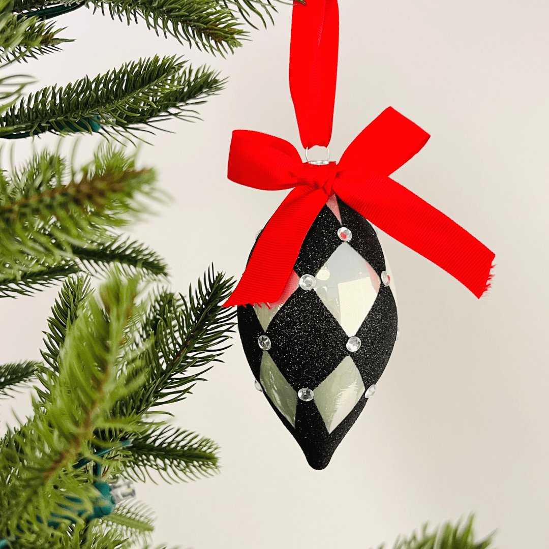 Classic B&W Glass Finial Ornament with Red Ribbon