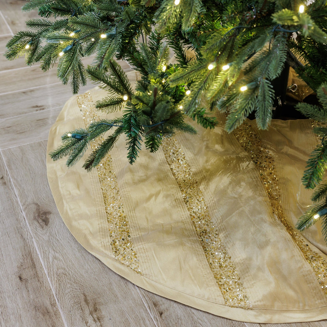 Classic Gold Dupion Tree Skirt with Pintak Embroidery - ironyhome