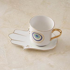 Evil Eye Mug with Hamsa Saucer White